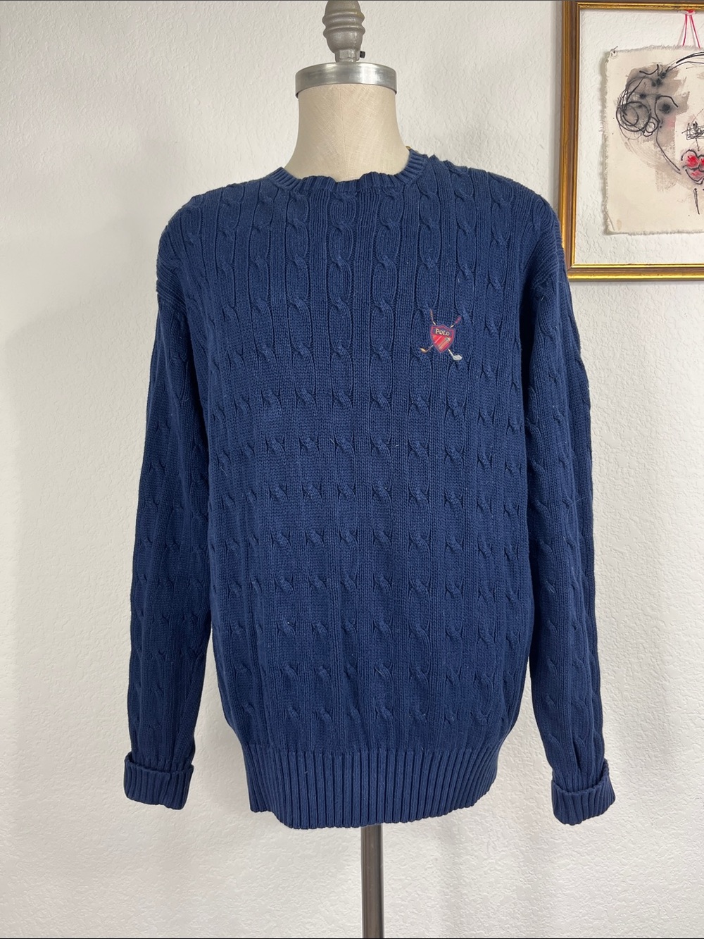 VTG Polo Gold Cable Knit Crewneck Sweater Embroidered